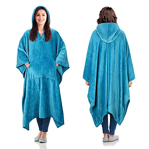 Catalonia Classy Hooded Fleece Poncho Blanket, Soft Warm Cosy Wearable Blanket, Large Fleecy Blanket for Adult Women Men, Xmas Gifts, 200 x 140 cm Blue