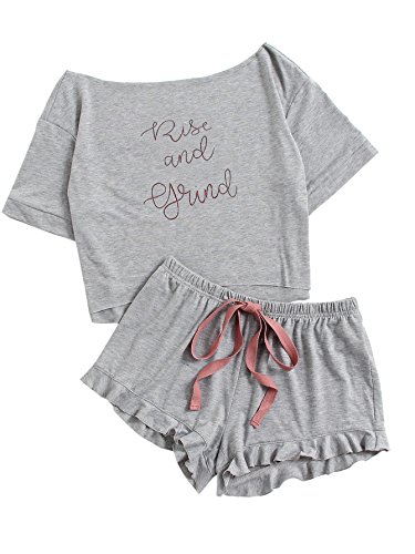DIDK Boat Neck High Low Hem Top and Frill Shorts Pajama Set Grey S