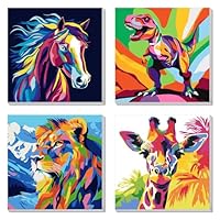 4 Pack Paint by Numbers Kit for Kids, Horse Color By Number Painting Kits for Kids Ages 8-12 Dinosaur Paint by Numbers with Framed Canvas Children DIY Paints by Number Kits for Beginners 8x8 Inch