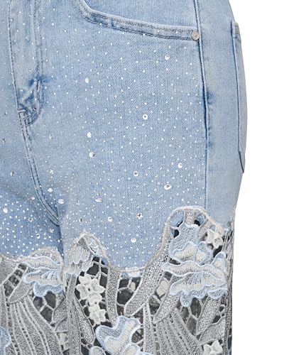 Image of JW PEI Women's Embroidery High Rise Wide Leg Lace Denim Jeans with Rhinestone
