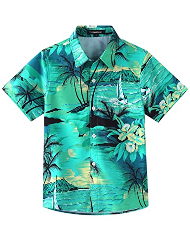 Spring&Gege Camisa hawaiana informal para chicos de manga corta Aloha Verano Playa Estampado Unisex (5-14 años), Hoja negra/azul, 7-8 Años