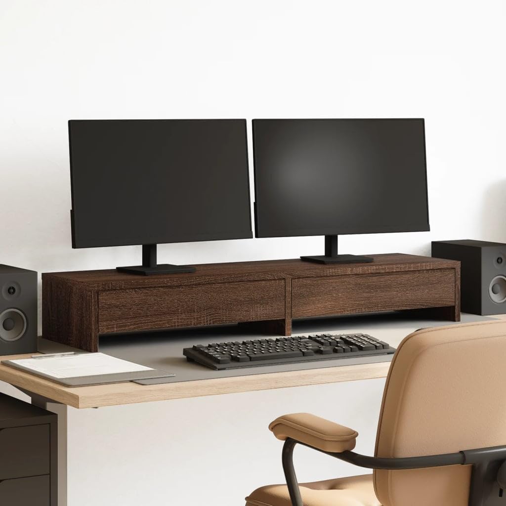 Stojak na monitor z 2 szufladami, podwójne podwyższenie ekranu dąb