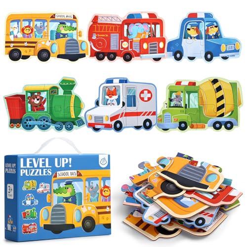 BBLIKE Puzzle 3 Años Juguetes Educativos Montessori, Puzzle Infantil 6 en 1 con Caja de Almacenamiento, Regalo para Niños 1-5 Años Conocer Animales y Automóviles, Juegos Didácticos Preescolar