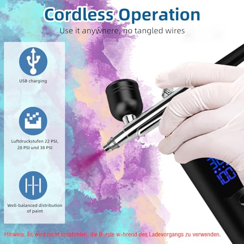 Daakro Airbrush Set, Spritzpistole mit Kompressor 38PSI Kabelloses Airbrush-Kit, Kuchendekoration, Nagelkunst, Tattoos, und Gesichtsbemalung