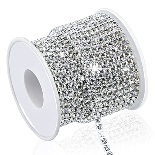 Dowarm 10 Yards 4MM Crystal Rhinestone Chain Trim for Sewing Crocs Shoes, SS16 Rhinestone Chain for Craft Cups Jewelry Wedding Bouquet DIY Decoration, Sewing Close Chain Trim, Silver