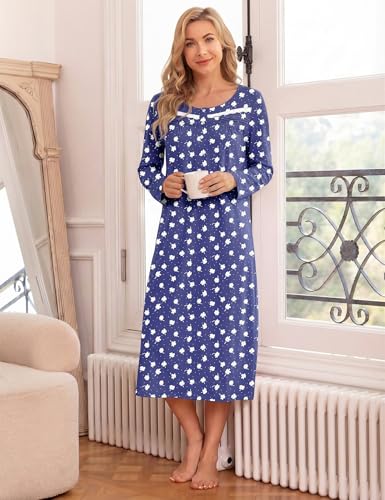 Image of Bloggerlove Nightgowns for Women Soft 100% Cotton House Dress Short /Long Sleeve Night Gowns Comfy Sleepwear S-3XL