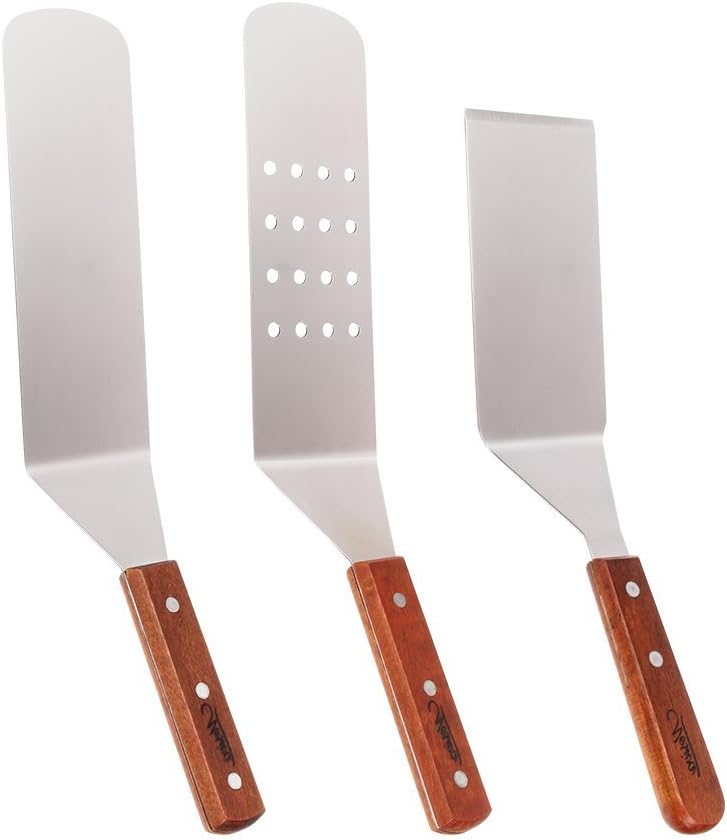 Erjiaen Stainless Steel Spatula Set - Cooking Grill Utensil Kit, Smooth Cooking Spatula, Perforated Cooking Spatula, Turner and Scraper with Wooden Handles for Teppanyaki Grills and Griddle - 3 Piece