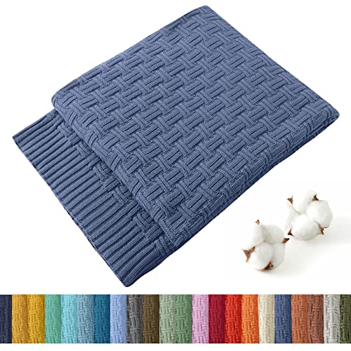 Image of TREELY 100% Cotton Knitted Throw Blanket 60 x 80 Inches, Dusty Blue