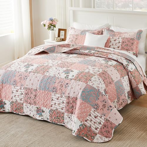 Qucover Quilted Bedspread King Size, American Style Pink Floral Patchwork Quilts Summer Bedspreads 230x260cm - Image 2