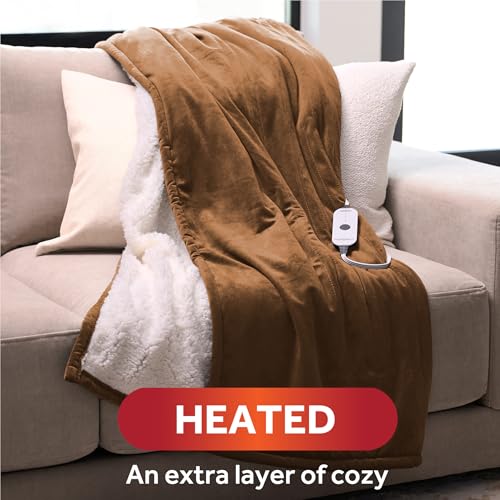 Image of Sunbeam Electric Throw Royal Mink Sherpa Heated Blanket, 4 Heat Settings, 4-Hour Auto Shut-Off, Fast Heating, Luxurious and Ultra Comfy, Honey Color, 50 inch x 60 inch