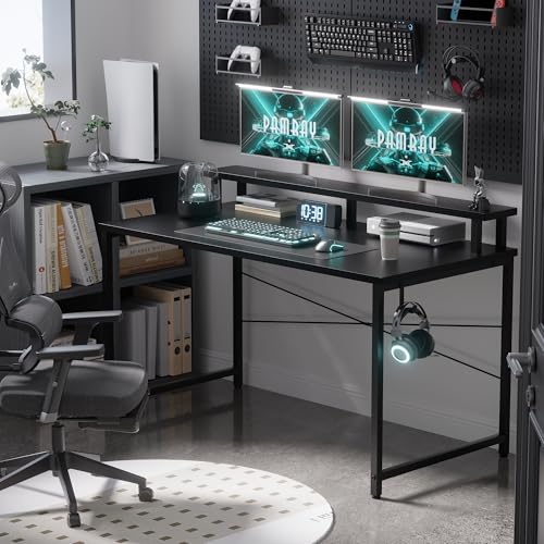 Image of Pamray 47 Inch Small Computer Desk with Monitor Stand, Simple Office Desk with Headphone Hook for Small Spaces, Kids Study Writing Table for Bedroom, Black