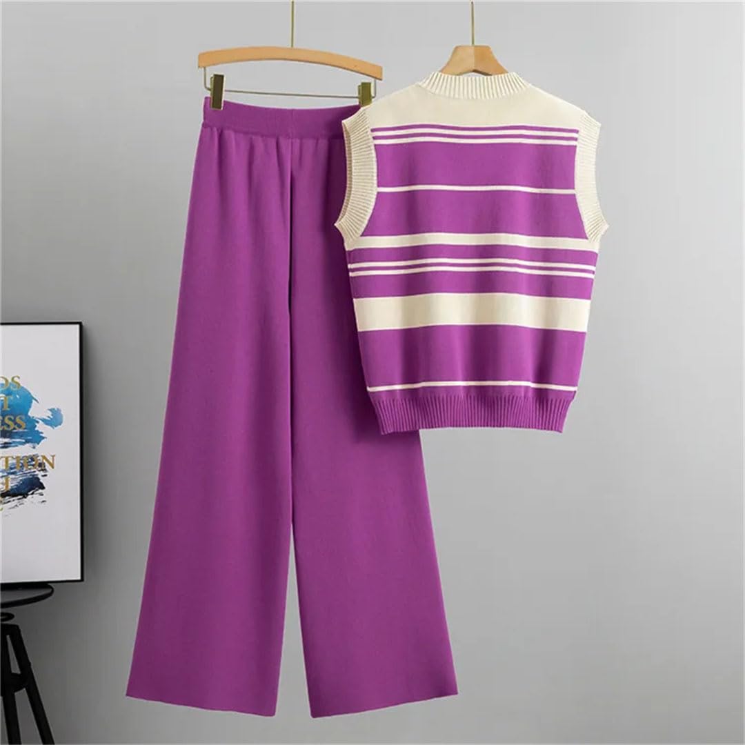 Ensemble de t-shirts en tricot rayé sans manches pour femme - Pull d'été en soie glacée - Débardeurs baggy - Taille haute - Pantalon large - Survêtement