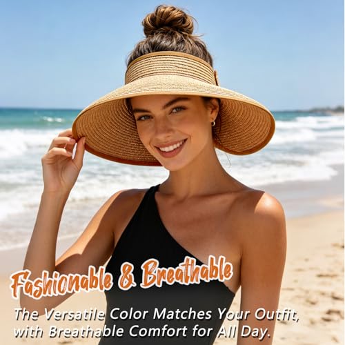 Sun Hats Visor for Women, UV UPF Straw Beach Hat Foldable Wide Brim Ponytail Summer Hats Packable Travel - Image 6