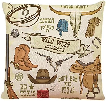 Ofocam Throw Pillow Cover Western Wild West Collection Cowboy Stuff Texas Rodeo Hat Longhorn Decorative Throw Pillow Cushion Case for Home Couch Living Room Bed Sofa Car 18 x 18 Inches Pillowcase
