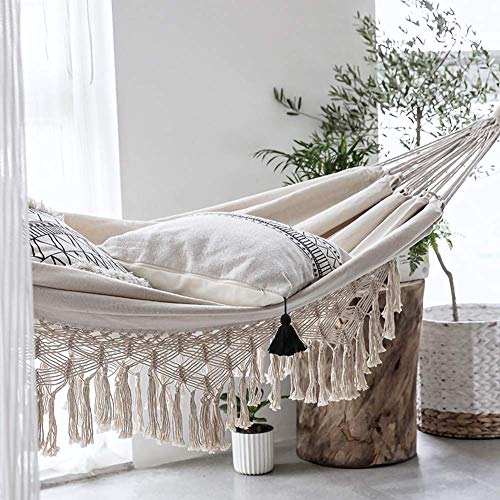 qing niao Hammock 2 Person, Style Macrame Fringe Hammock Rocking Chair Indoor Outdoor Hanging Swing, 250 KG Load Capacity, 200 x 150 cm, Outdoor and Indoor ( Grayish White )