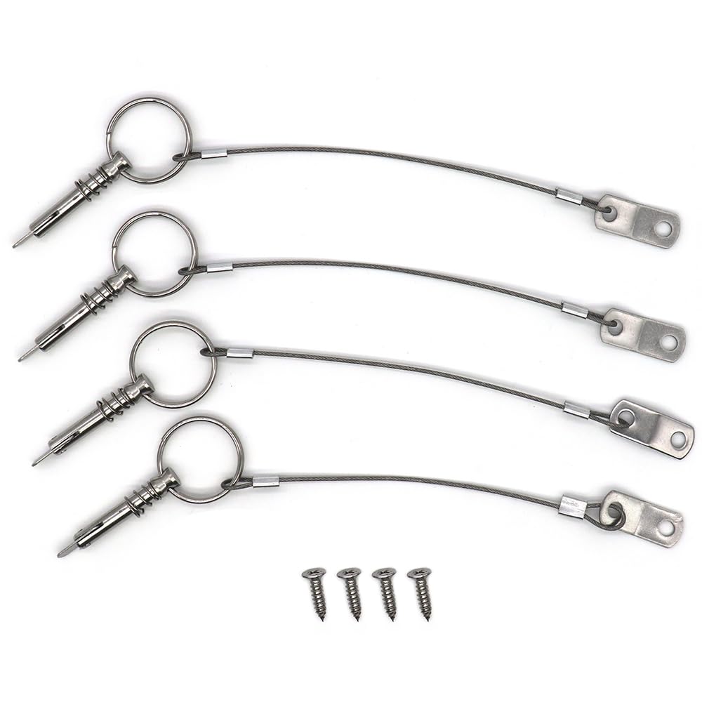 4 Pack Quick Release Pin 1/4" Diameter w/Drop Cam & Spring - Lanyard Prevents Loss, Full 316 Stainless Steel, Bimini Top Pin, Marine Hardware, Free