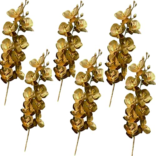 HANTURE Lot de 6 tiges d'orchidées phalaenopsis artificielles en plastique doré 76,2 cm 9 têtes d'orchidées Branches de fausses fleurs phalaenopsis pour mariage, fête, décoration d'intérieur Cover