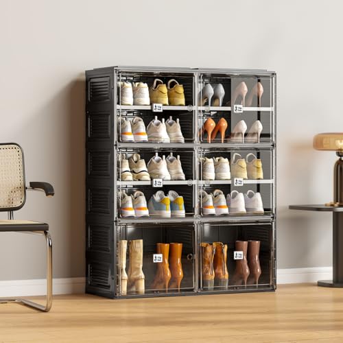 Image of Vipbox Black Shoe Rack Organizer Cabinet for Closet Entryway,Clear Shoe Storage Boxes Stackable Sneaker Storage with Door Easy Assembly Shoe Cabinet with Lids Large 5 Tiers 20 Pairs