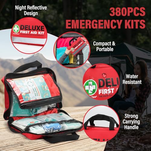 380 Pieces Deluxe First Aid Kit Compact Trauma Medical Kits with Assorted Bandages, Instant Cold Pack, Emergency Blanket for Home, Travel, Camping, Vehicle, Emergency Kits(Red) - Image 4