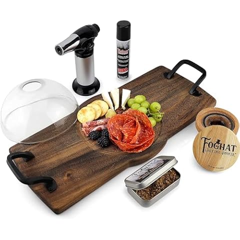 Foghat Cocktail Smoking Charcuterie Set with Cloche, Board, Bourbon Whiskey Barrel Oak Culinary Smoking Fuel Wood Shavings & Smoking Torch w/Butane Refill (Foghat + Torch + Charcuterie + Butane) Cover