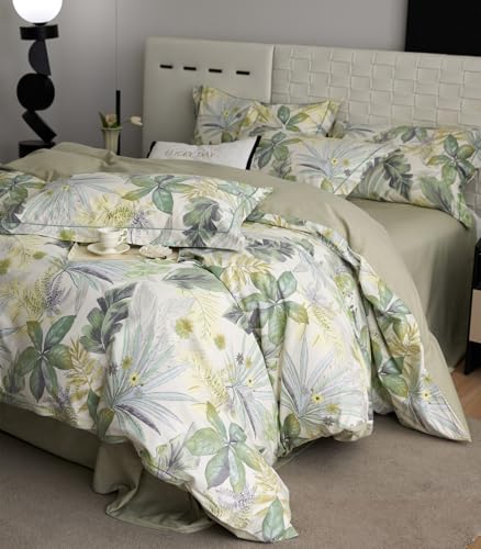 VM VOUGEMARKET Tropical Green Duvet Cover King 100% Brushed Cotton Coastal Leaves Bedding Set 1 Hawaiian Botanical Duvet Cover with 2 Pillow Shams-104x90 Inch