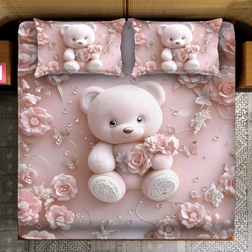 Image of Amazon Brand - Umi 7D Flat Bedsheet Sheet Set, Blue and White Floral Design, Decorative Bedding with Daisy Pattern, Kids Room Decor, 90X100 Inch (Pink Teddy Bear)