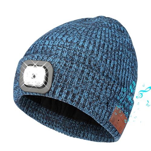 TAGVO Gorro Bluetooth con Linterna LED, Gorro LED Recargable por USB con Auriculares, Sombrero Punto Cálido Iluminado para Deporte de Invierno al Aire Libre Senderismo Camping, Regalos Hombre Mujer