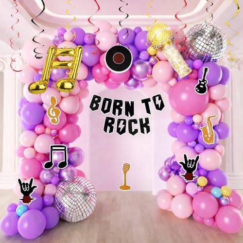 Image of Rock Theme Birthday Decoration Kit for Girls & Boys - 74 Pcs Born To Rock Banner with Music Note, Disco Ball & Microphone Foil Balloons, Pink Purple Balloon Garland Set for Birthday Decor