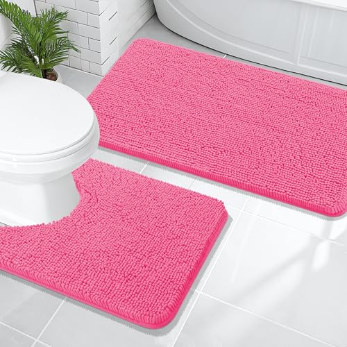 Image of OLANLY Bathroom Rugs Sets 2 Piece, Soft Absorbent Chenille Bath Mats and U-Shaped Contour Toilet Mat Area Rug Set, Machine Washable Bath Carpet, Home Decor Accessories(47 inchx20 inch+24 inchx20 inch, Hot Pink)