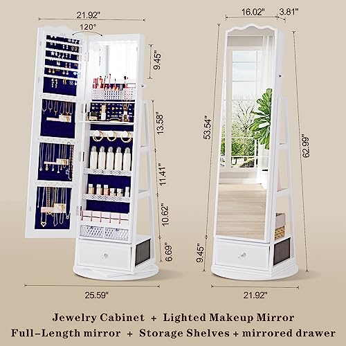 Image of HWB 360 Rotating Jewelry Armoire with 53'' Full Length Mirror, Standing Lockable Jewelry Cabinet Organizer with Lights, Built in Makeup Mirror, Large Storage Capacity with Drawer&Shelves White