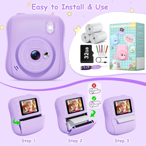 Hangrui Kids Camera Instant Print, HD Instant Camera for Kids with 32GB Card & Print Paper, 14MP 1080P Kids' Digital Cameras, Christmas Birthday Gifts Toy for Girls & Boys Aged 3-10 -Purple - Image 4