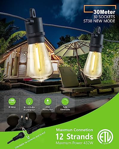 Meidaoduo Festoon Lights Outdoor 30M/100 FT Garden String Festoon Lights IP65 with 32 LED 2700K Bulbs Outdoor String Lights Mains for Indoor Outside Patio Pergola Decor 4M Extension Cable Built-in - Image 3