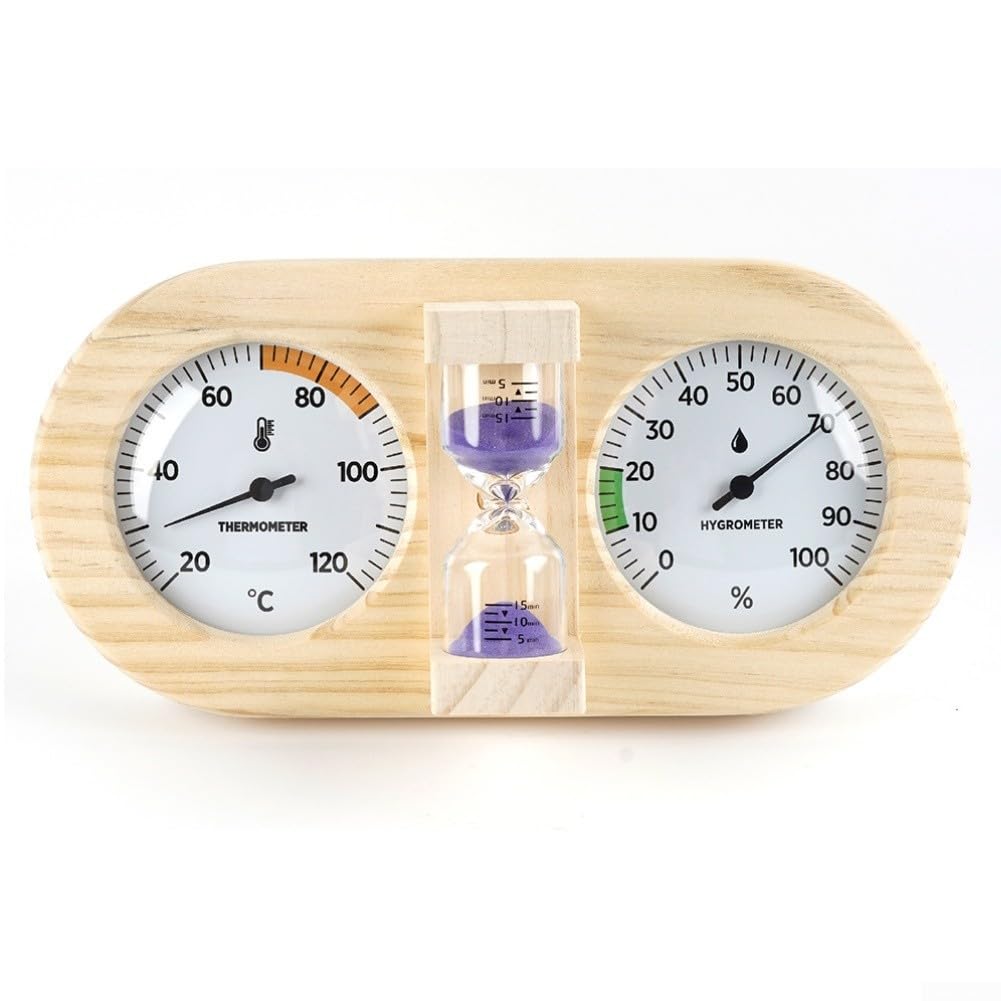 Termohigrómetro de sauna con temporizador de reloj de arena, medidor de temperatura y humedad montado en la pared de madera de pino para sala de sauna, 20-120 °C 0-100% HR (A)