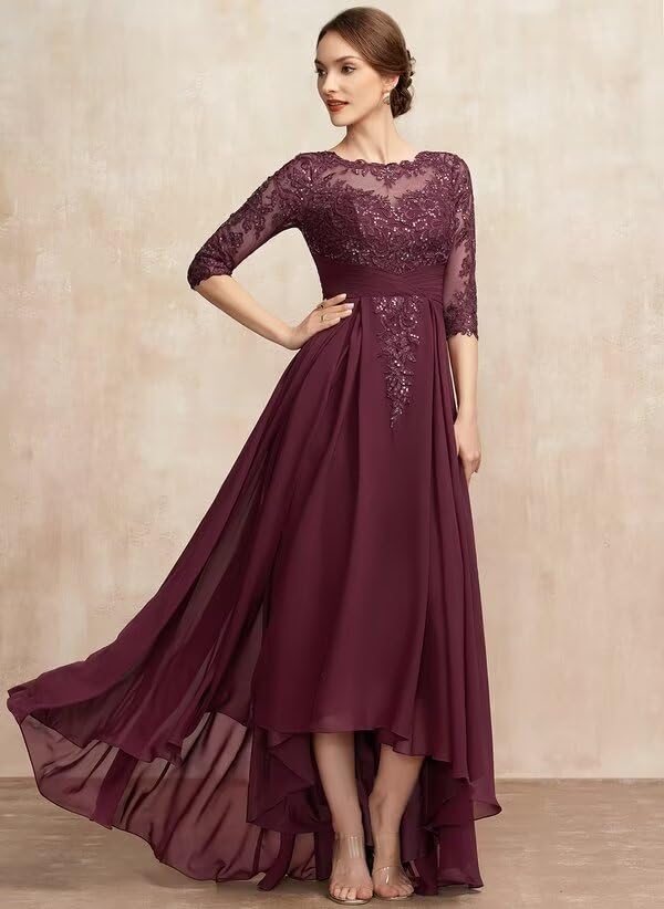 Women's Lace Long Mother of The Bride Dresses with Slit Long Sleeve Chiffon Ruched Evening Formal Dress PU1003