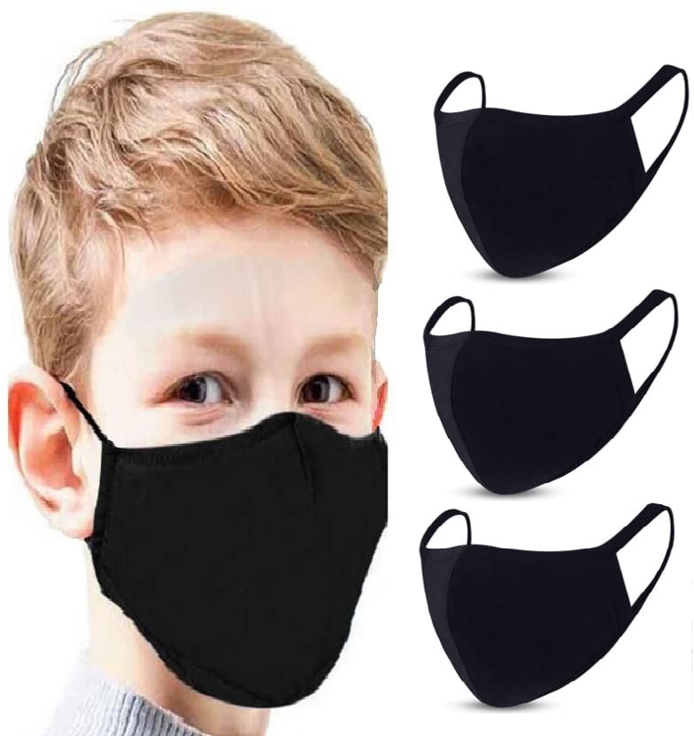 GALAXYLENSE 3 Packs Cotton Children Kids Washable,Reusable Black Face Mask,Breathable For Personal Care Protection For Age 9-18 (3 Packs Black)