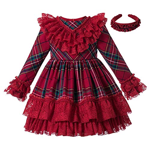 Pettigirl Girls Christmas Winter Vintage Red Plaid Lace Ruffle Layered Teen Party Clothes Long Sleeve Boutique Dress