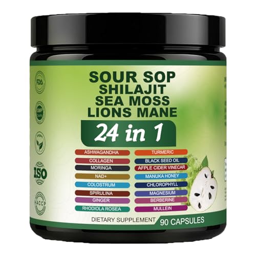 Soursop Capsules - 24 in 1 Graviola Soursop Capsules with Shilajit, Sea Moss, Lions Mane, Turmeric, Ashwagandha, Vegan, Ginger & Manuka Honey and More, Non-GMO, 90capsules