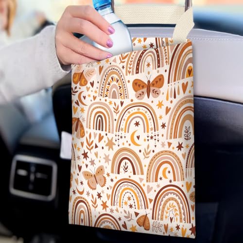 Image of Car Trash Bag Hanging No Snap Small Garbage Bag for Car Back Seat Cute Printed One-handed Strap Trash Bags Car Accessories-Rainbow Car Trash Bags