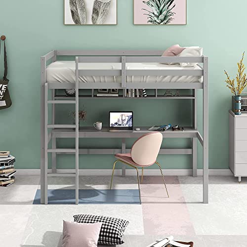 Dnyn Twin Size Loft Bed With Storage Shelves And Convenient Desk,Solid Pinewood Bedframe With Ladder For Kid Bedroom,No Box Spring Needed,77.5"×41"×72", Gray #TOP8