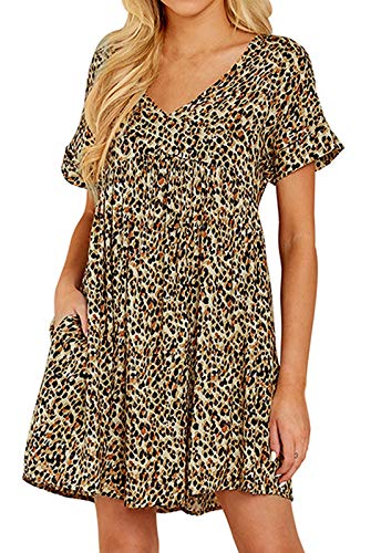 Image of Jayscreate Women's Baby Doll Dress Summer Casual Tunic Pleated Flowy Swing Short Sleeve Black V Neck Mini Dress