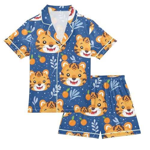 ALAZA Cute Tiger Persimmon Pajamas Satin Pajama Set Short Sleeve Button Down Sleepwear
