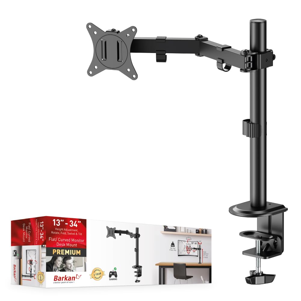 Barkan Soporte PC Monitor para Pantallas de 13-34 Pulgadas, Brazo Monitor de Escritorio para Pantalla Plana/Curva, Peso máximo 8Kg, Altura Ajustable, para Mesa hasta VESA 100x100