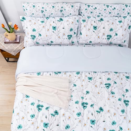 Image of lasoftan Floral King Comforter Set with Sheets, 7 piece Luxury Vintage Bedding, Soft Microfiber Bed in a Bag, Cozy Lightweight Bed Set, Teal Blue Flower Branch