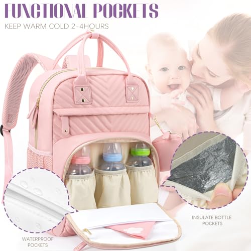Image of Tuwubi Diaper Bag Backpack with Changing Pad,Baby Essentials, Multi function Waterproof Backpack with Stroller Straps & Pacifier Case Light Pink