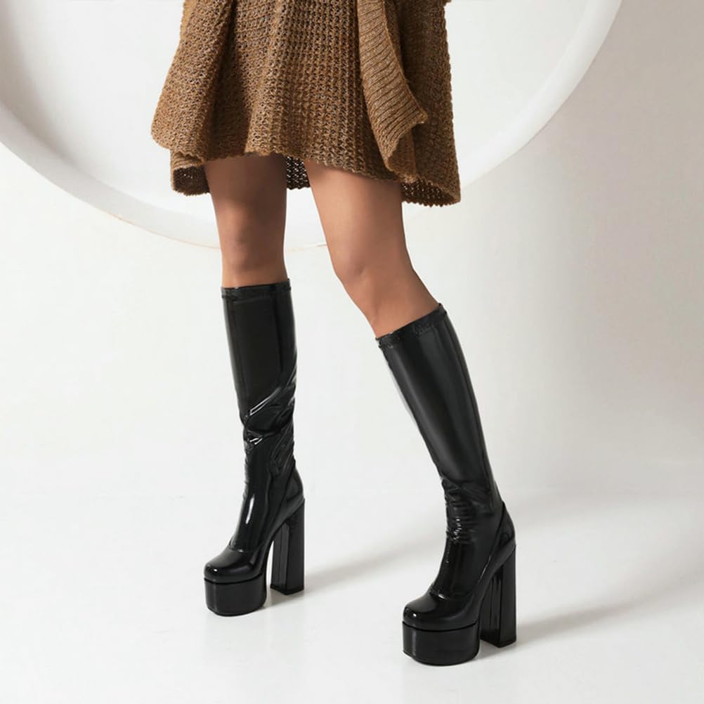 Bottes Longues pour Femmes Jusqu'au Genou, Talons Épais De 14 Cm, Plateforme, Cuir Verni Extensible, Bottes Hautes pour Soirées Et Usage Quotidien
