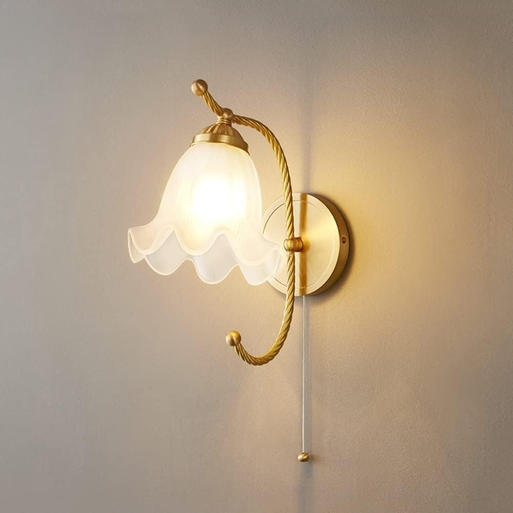 VGTLAKEX Wall Light Elegant Sconce with Pull Chain Switch Flower Glass Lamp Shade Copper Mount Lighting Fixture Bedroom Living E14 Sconces