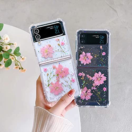 Abbery For Samsung Galaxy Z Flip 4 5G Case Clear With Design Glitter Cute Glitter Pressed Flower Floral Sparkle Tpu&Pc Transparent Women Girls Aesthetic Phone Case For Z Flip 4 (3 Pink Flower) #TOP4