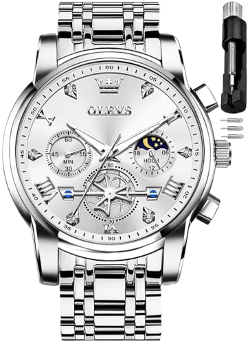 Image of OLEVS Mens Watches Luxury Diamond Calendar Stainless Steel Male Watches Business Dress Waterproof Luminous Fashion Watch for Men
