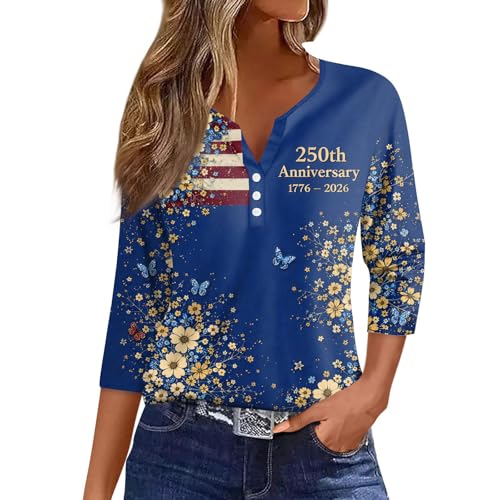 Image of 4th of July Shirts Women 3 /4 Length Sleeve Womens Tops Henley Neck Casual Patriotic T Shirts