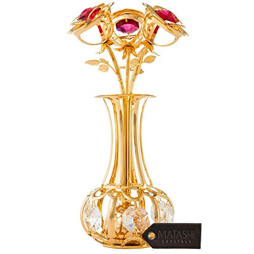 Matashi 24K Gold Plated Sunflowers in Vase with Gold & Red Crystals – Collectible Tabletop Showpiece – Great Gift for Her, Mom, Wife on Christmas, Valentine’s & Mother’s Day